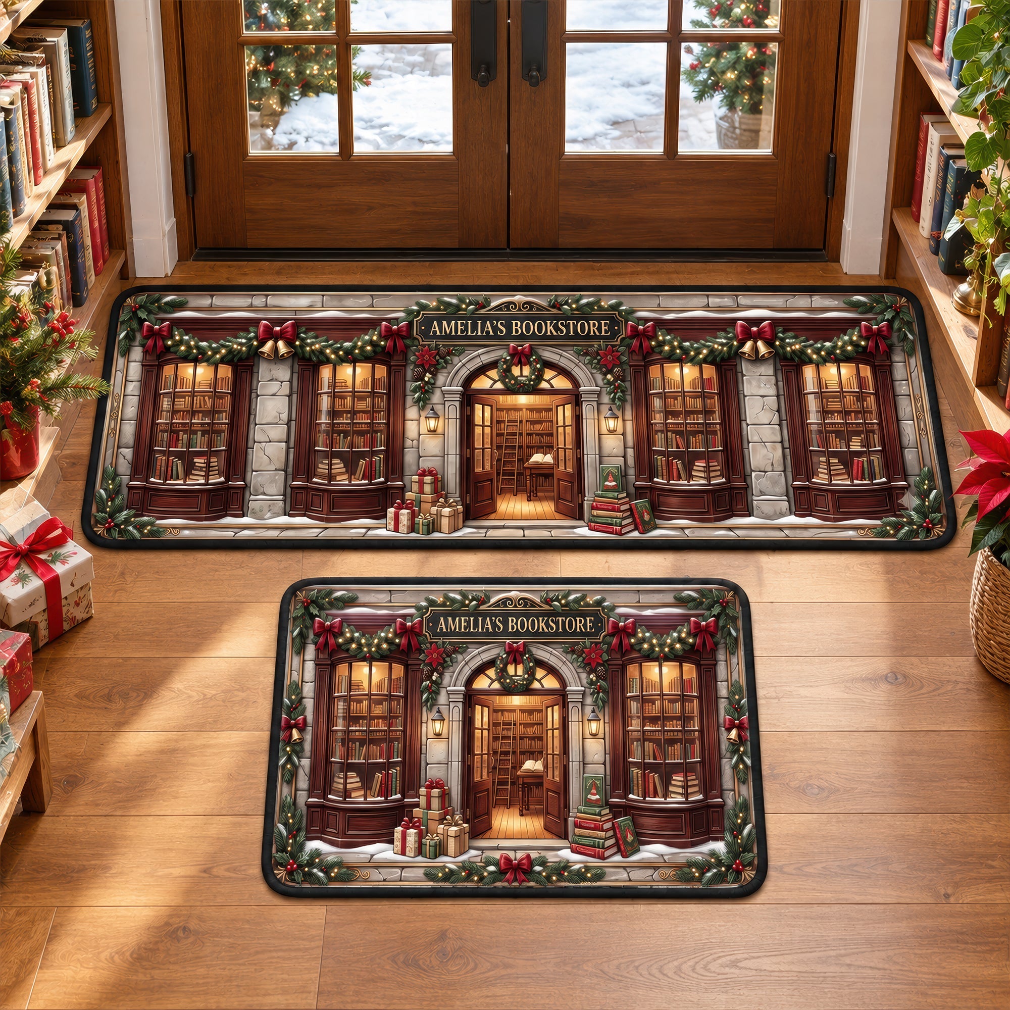 “Your Cozy Holiday Haven Awaits” - Cozy Bookstore Christmas Rug - Personalized Gifts for Book Lovers
