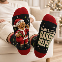 Load image into Gallery viewer, “Get Ready to Laugh: Santa’s Little Baked Helper” - Funny Stoner Santa Socks, Personalize for Holiday Cheer
