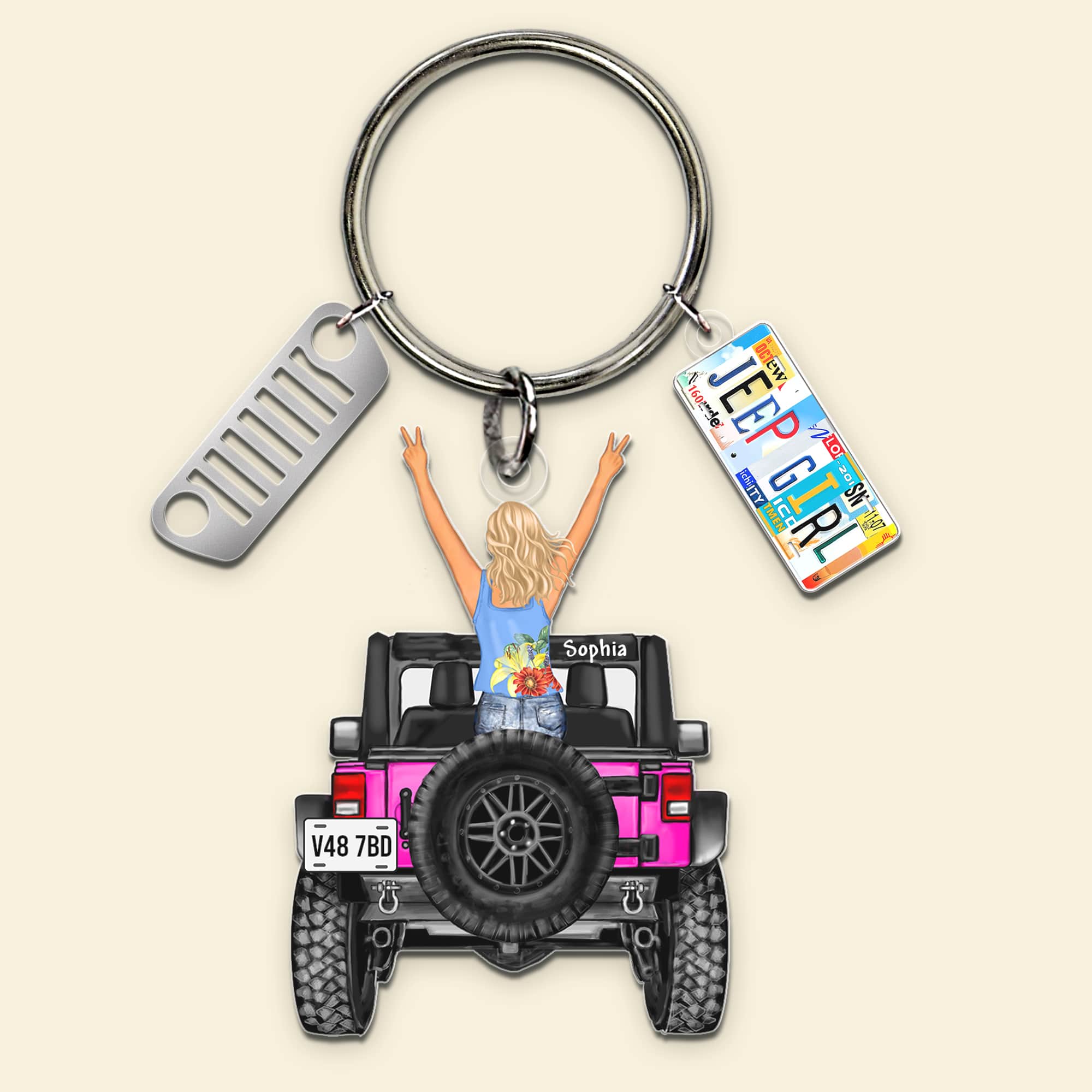 Customizable Off-Road Girl Keychain with License Plate Charms Keychains PopCulturePrints