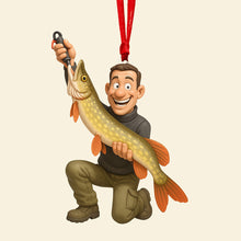 Load image into Gallery viewer, “Hooked on Happiness” - Funny Caricature Christmas Ornament - Custom Photo Gifts for Fishing Lovers Ornament PopCulturePrints
