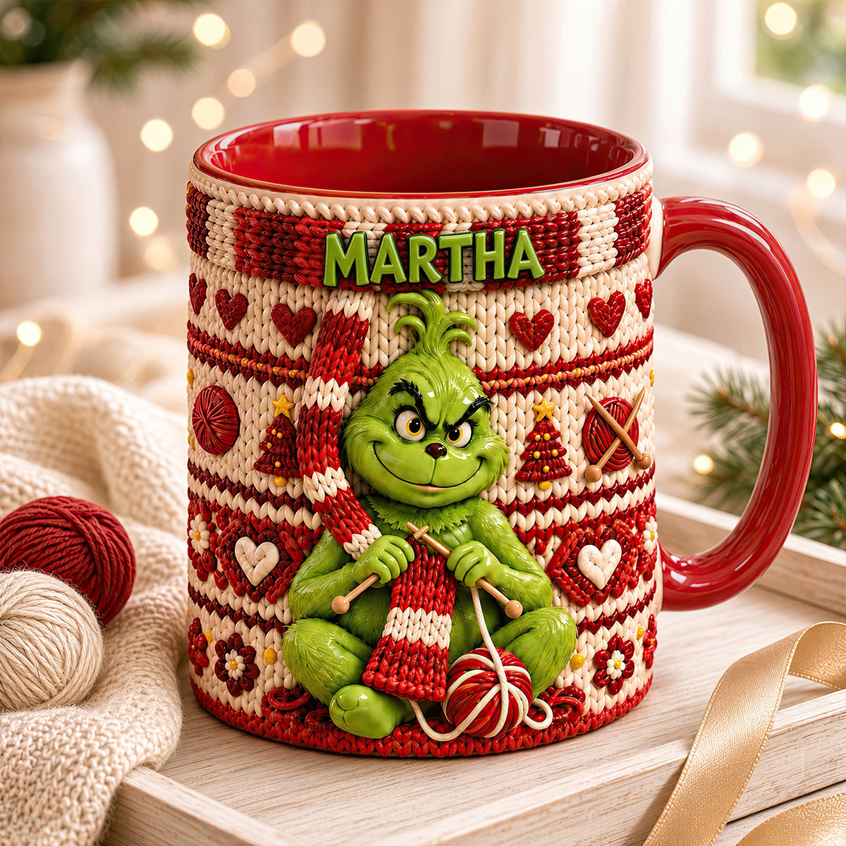 “Knitting is Happiness” – Personalized Grinch Coffee Mug for Christmas - Custom Gifts for Friends, Family, and Craft Lovers Coffee Mug PopCulturePrints