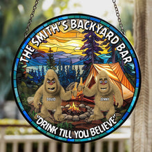 Load image into Gallery viewer, Personalized Bigfoot Seeker Stained Glass Suncatcher Ornament - Backyard Bar Theme
