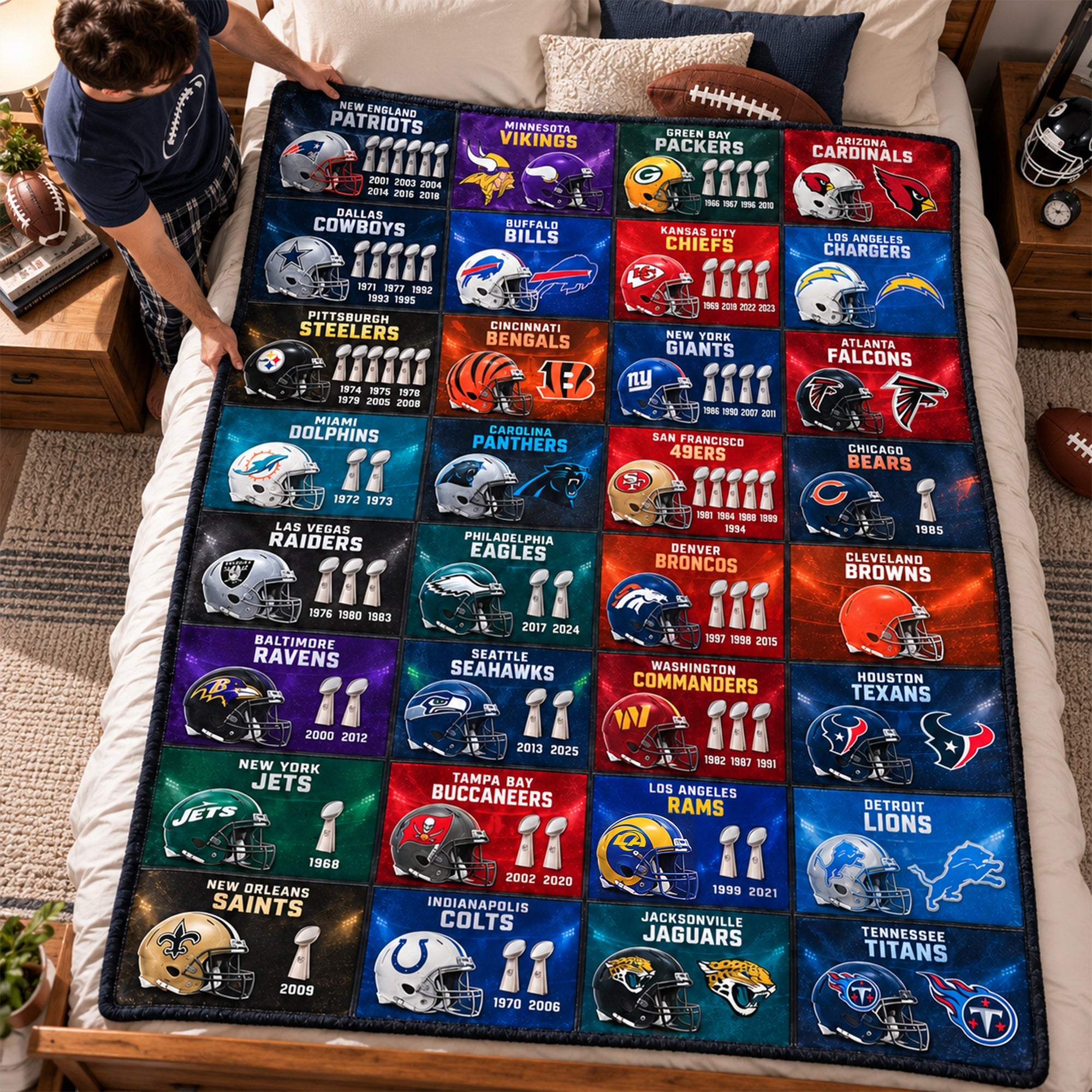 “Show Your Team Spirit!” - Professional Team Helmets Arranged In A Grid Pattern Blanket - Personalized Sport Gift for Fans Blanket PopCulturePrints