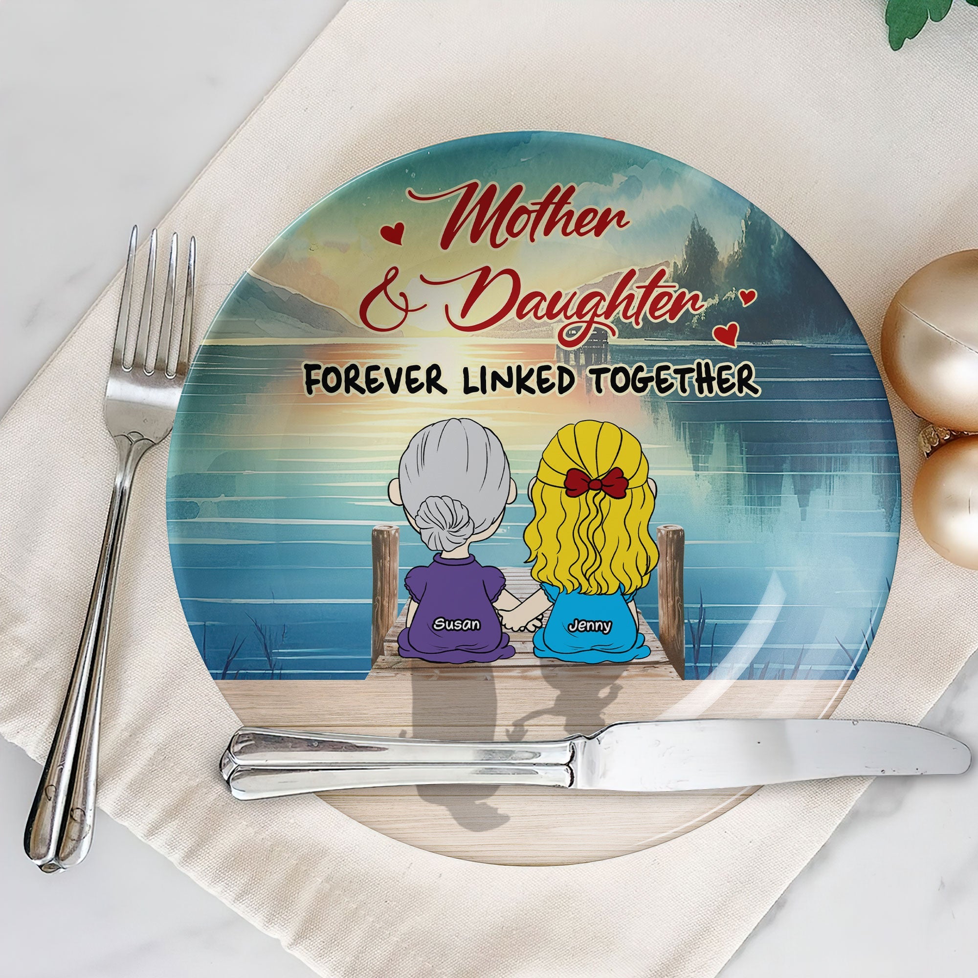 "Forever Linked Together" - Personalized Ceramic Round Plate - Perfect Gift for Mom, Grandma, and Daughters Ceramic Round Plate PopCulturePrints
