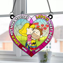 Load image into Gallery viewer, Personalized Kissing Cartoon Couple Suncatcher Ornament - Heart-Shaped Glass Decoration
