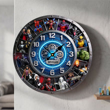 Load image into Gallery viewer, "Time for Heroes" - Unique Room Acrylic Wall Clock - Personalized Gift for Superhero Fans Hanging Wall Clock PopCulturePrints
