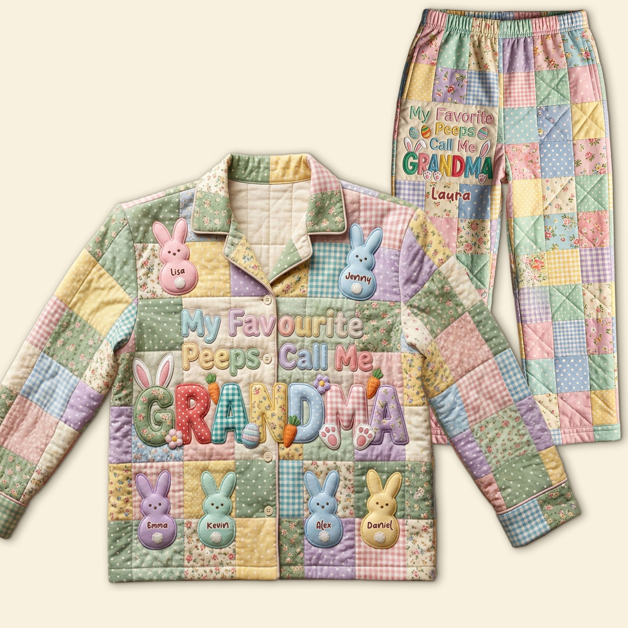"My Favorite Peeps Call Me Grandma" - Personalized Easter Bunny Grandma Pajama Set Pajama Set PopCulturePrints