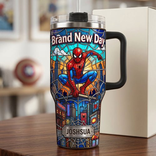 “Brand New Day: A Tribute to Heroes” - Adventure Tumbler Handle, Personalized Gift for Fans Tumbler Cup PopCulturePrints