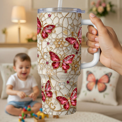 “A Beautiful Tribute to Mom” - Sparkling Butterfly Floral 40oz Tumbler - Personalized Gift for Mom, Grandma, and More Tumbler Cup PopCulturePrints