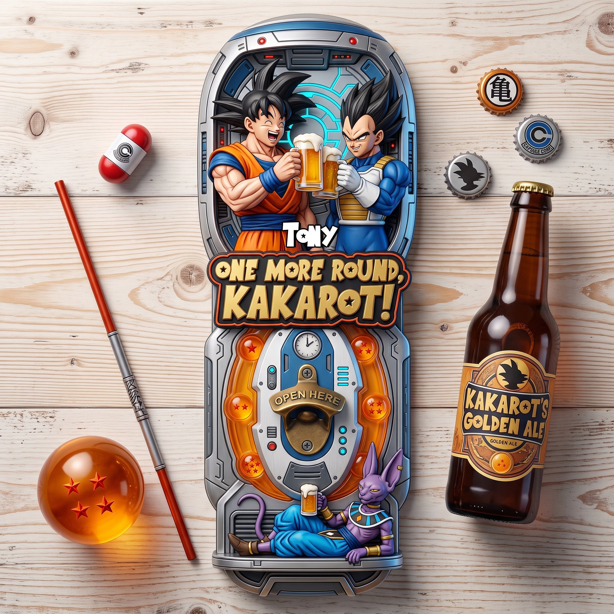 One More Round, Kakarot! - Personalized Golden Warrior Bottle Opener