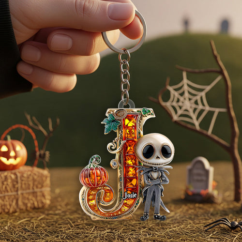 “Illuminate Your Halloween Spirit” - Personalized Alphabet Gemstones Pumpkin Keychain - A Unique Gift for Halloween Lovers Keychains PopCulturePrints