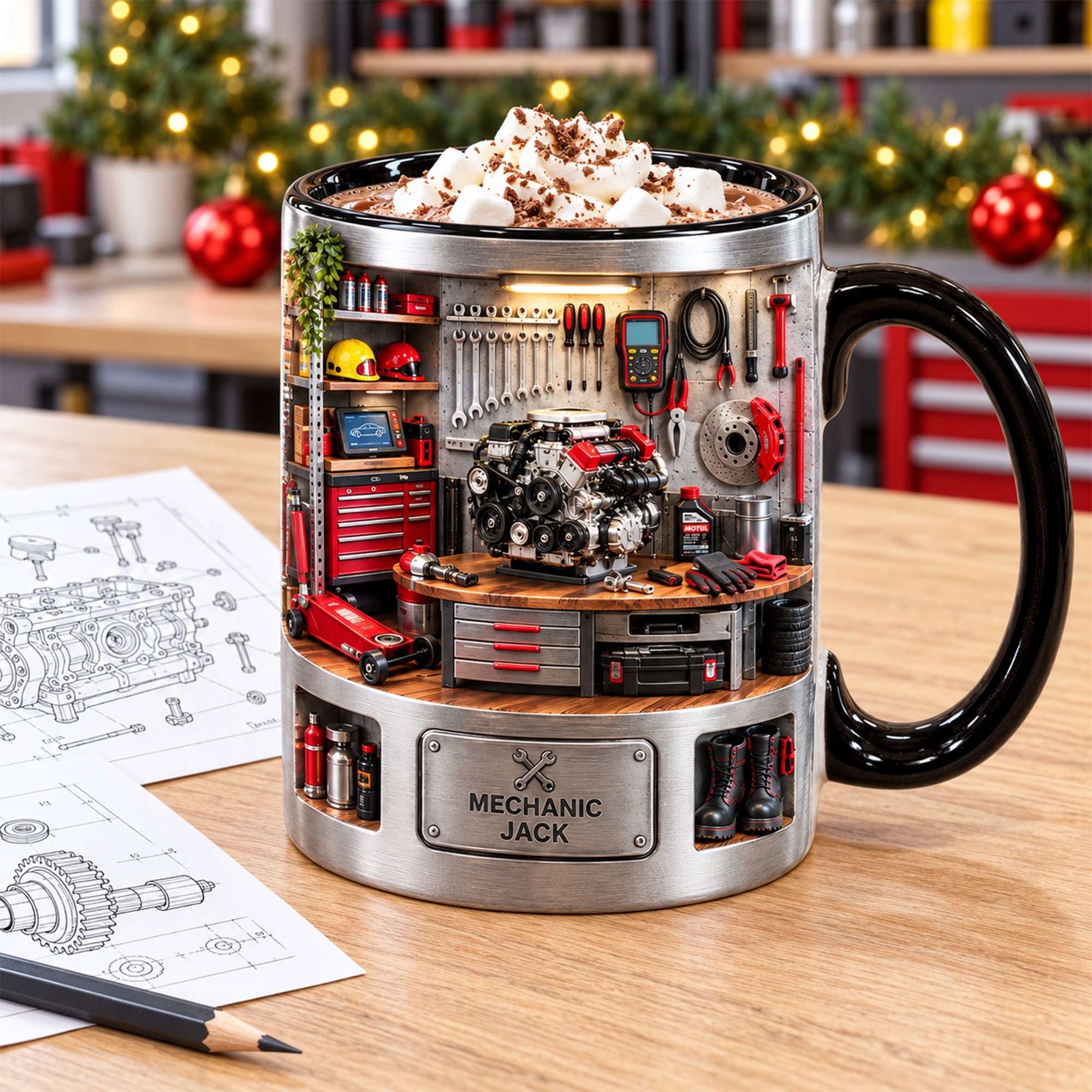 Engineered for Excellence: Classic Garage Accent Mug - Personalized Gifts for Mechanics Coffee Mug PopCulturePrints
