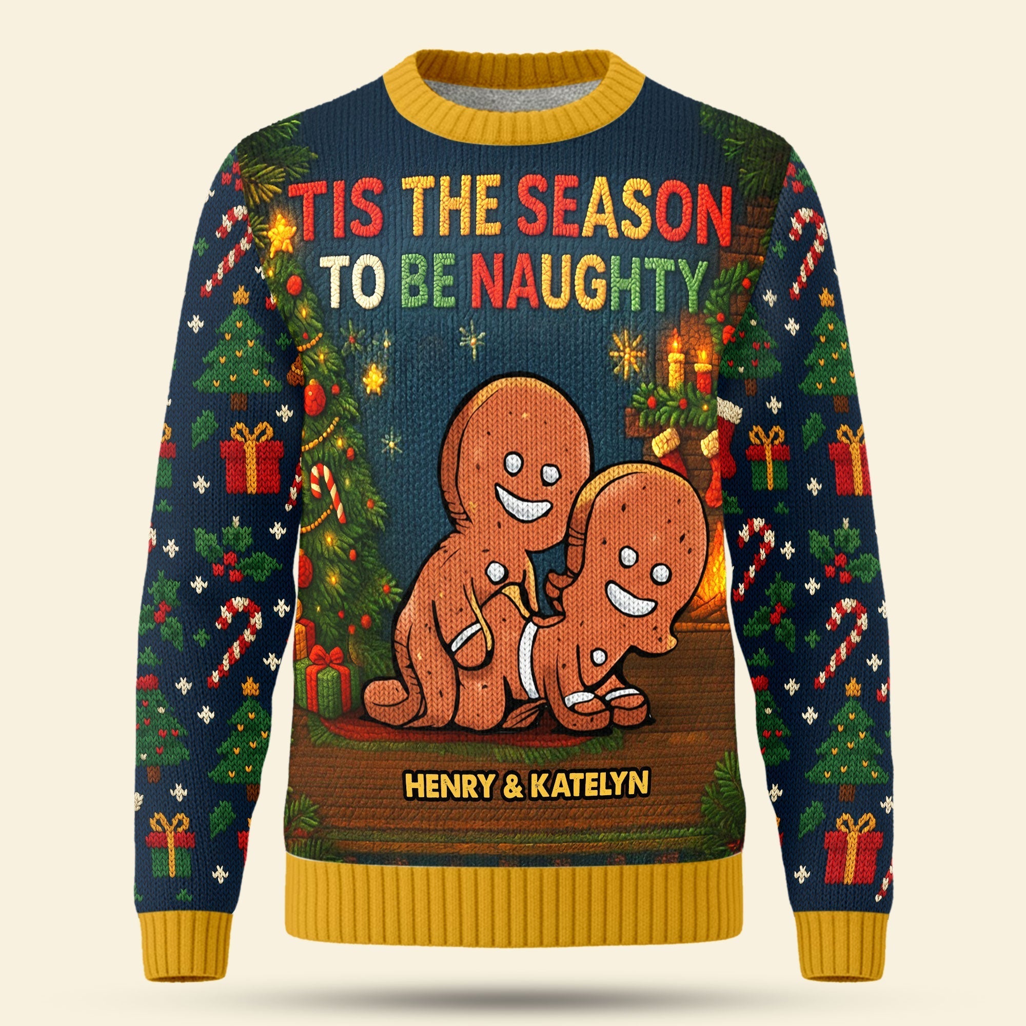 ‘Tis the Season to Be Naughty - Funny Gingerbread Couple Knitted Ugly Sweater - Personalized Gift for Couples Ugly Christmas Sweater PopCulturePrints