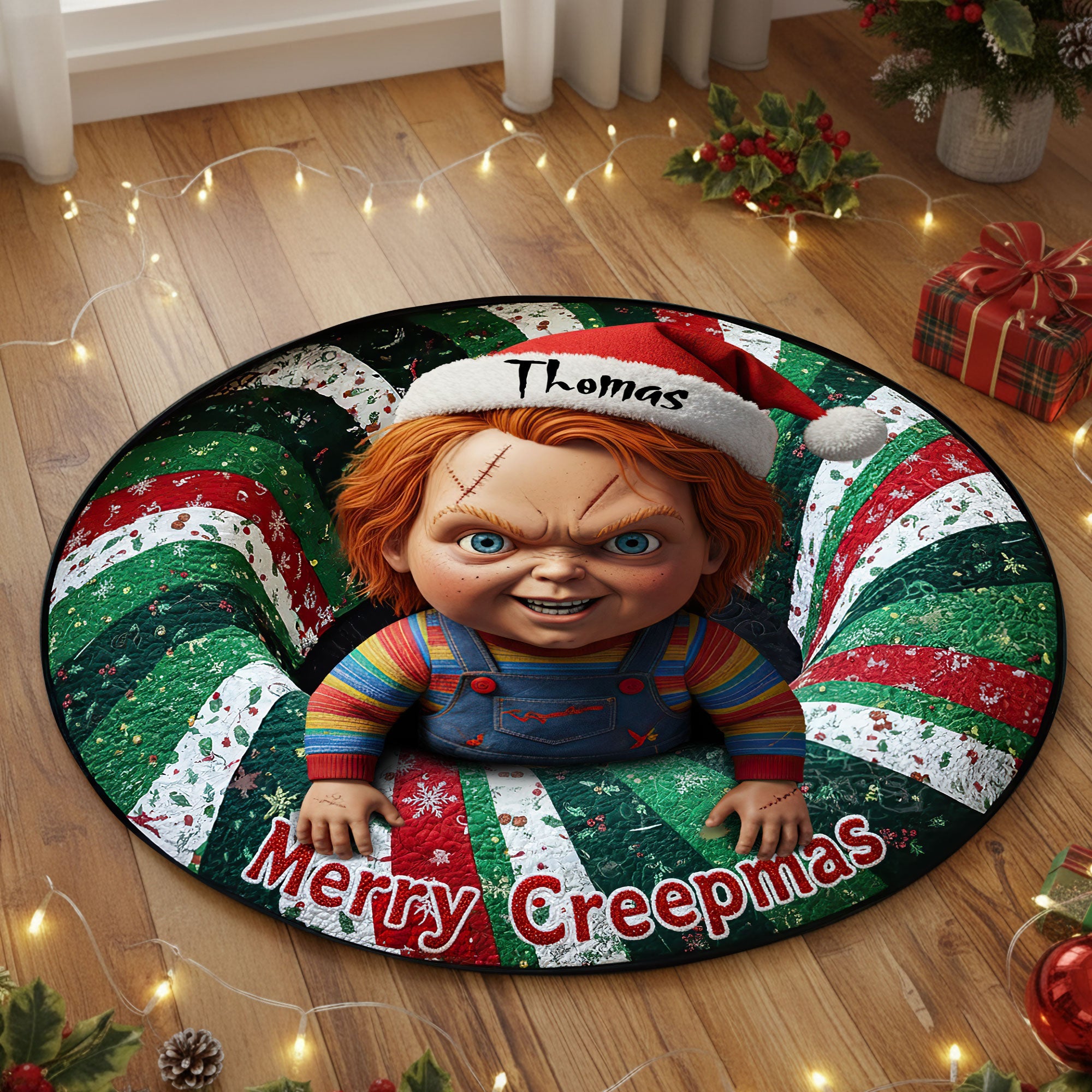 "Embrace the Horror: Personalized Christmas Quilted Round Mat - Perfect Gift for Movie Fans and Friends" Doormat PopCulturePrints