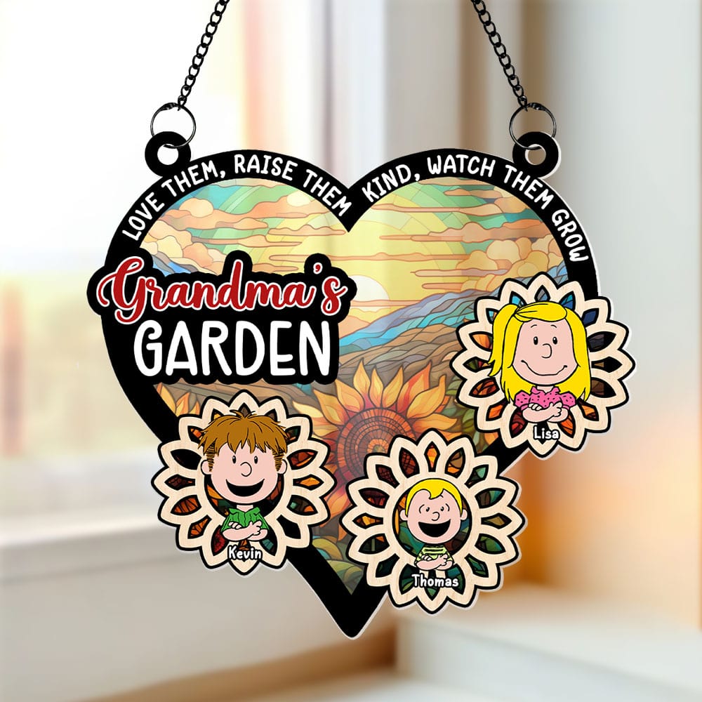 Personalized Grandma's Garden Sunflower Suncatcher - Custom Window Hanging Ornament