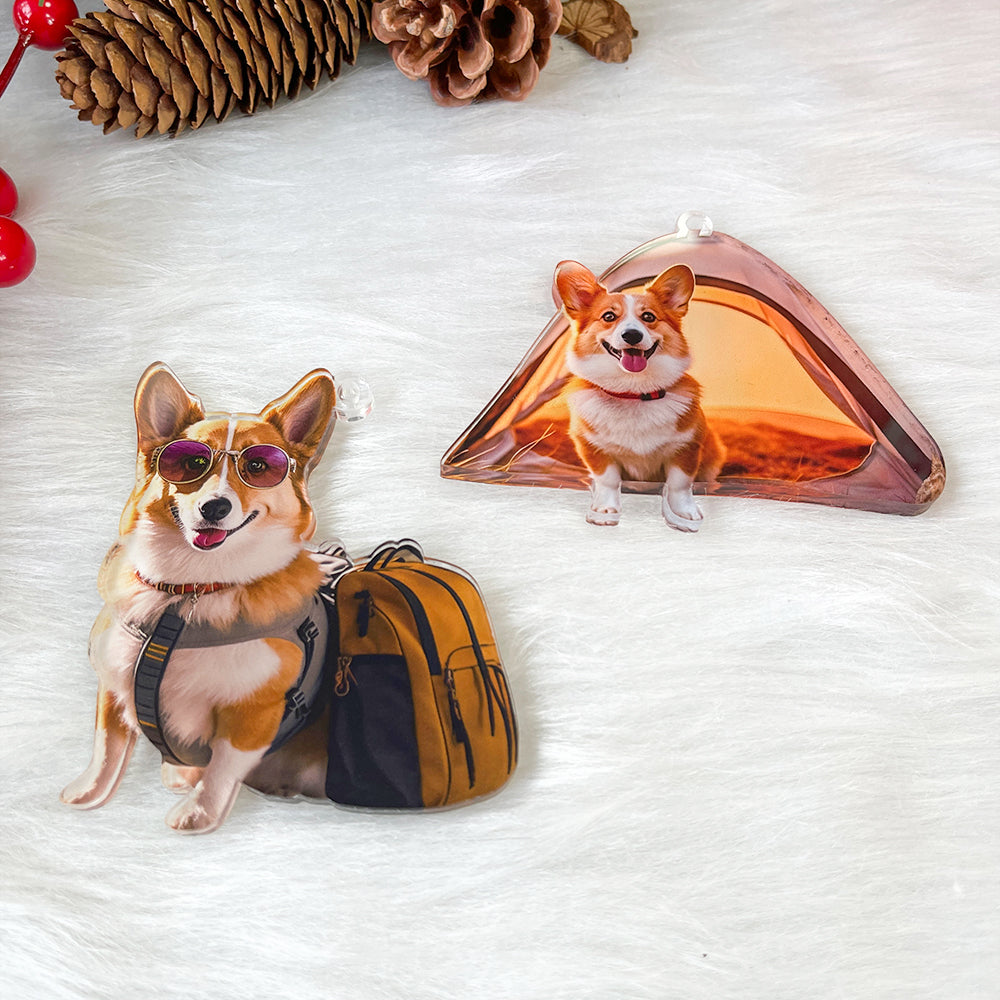 Personalized Dog Lover's Photo Ornament - Custom Corgi with Backpack