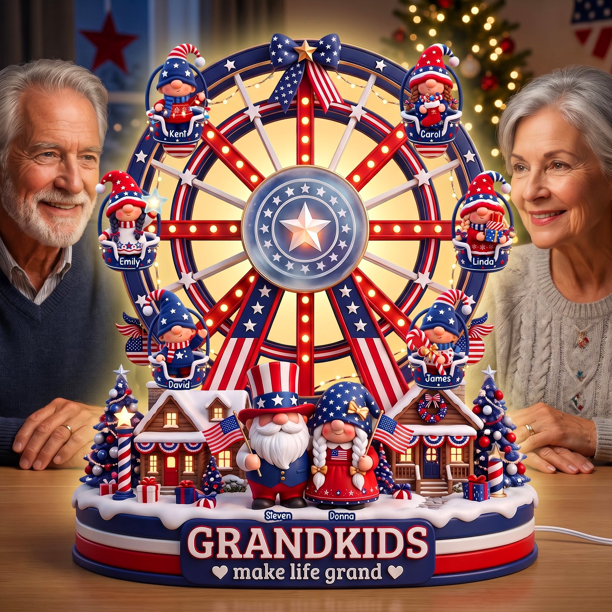 “Grandkids Make Life Grand” - USA Gnome Ferris Wheel Acrylic Light Box - Personalized Christmas Gift for Family, Friends, & Loved Ones