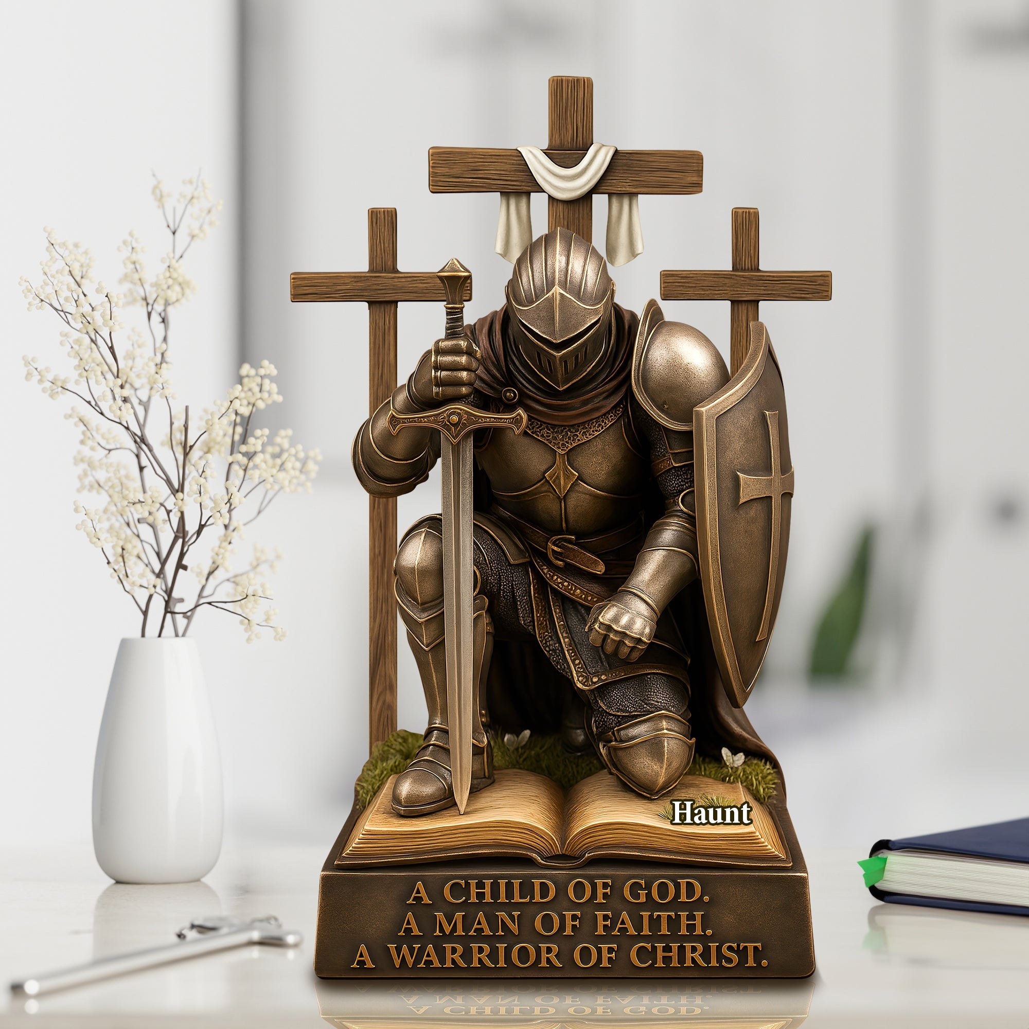A Child of God, A Man of Faith - Knight Kneeling Down in Armor Acrylic Plaque | Personalized Gift for Warriors of Christ Shaped Plaques PopCulturePrints