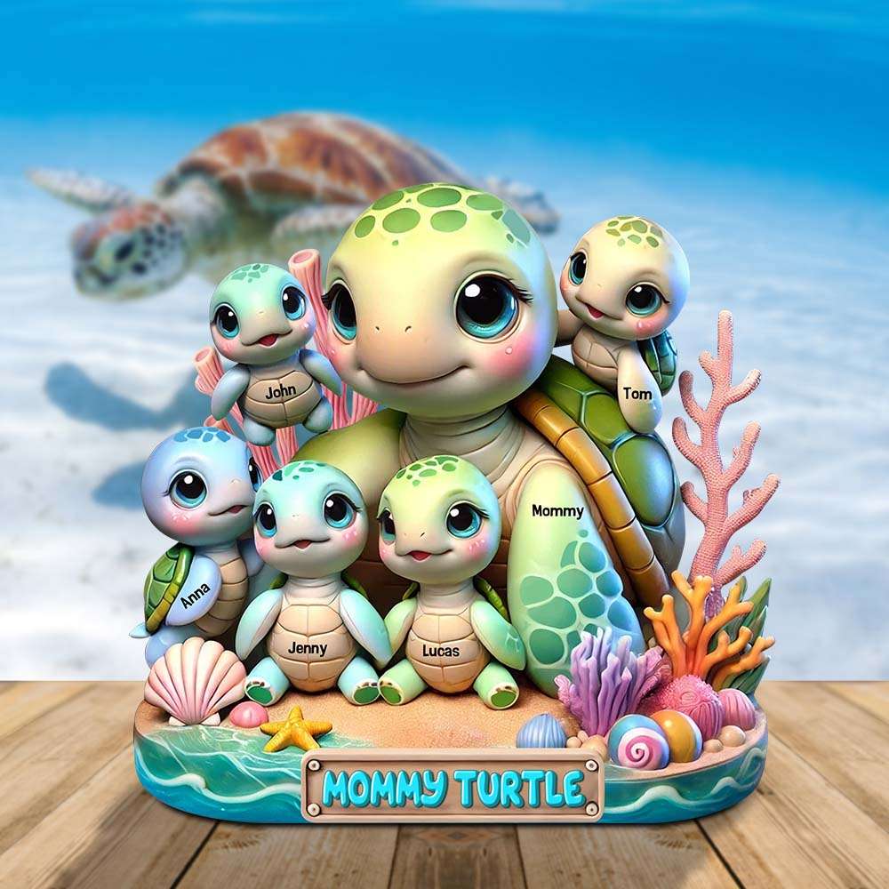 “Family is the Sea of Love” - Personalized Mama Turtle Acrylic Plaque - Custom Gift for Mom, Grandma & Family Shaped Plaques PopCulturePrints