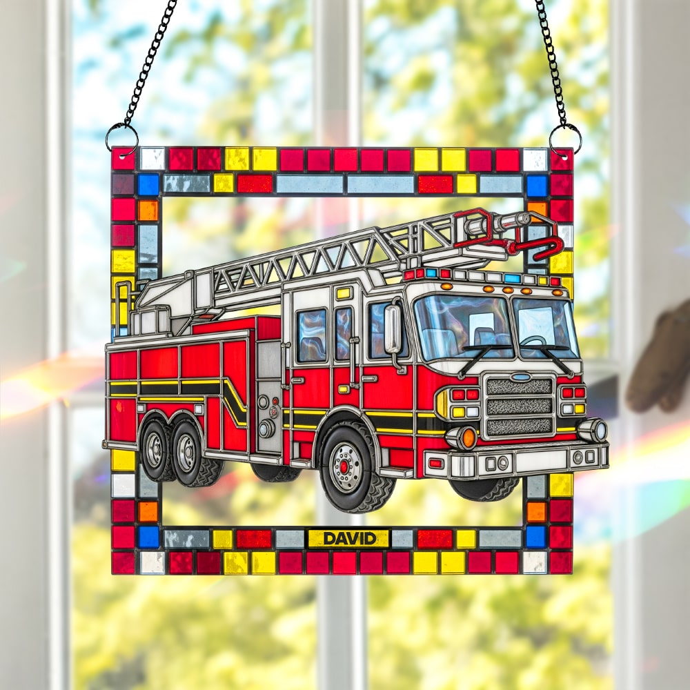 “Shine Bright with Our Stained Glass Firetruck!” - Firetruck Window Hanging Suncatcher Ornament - Personalized Gifts for Firefighters Ornament PopCulturePrints