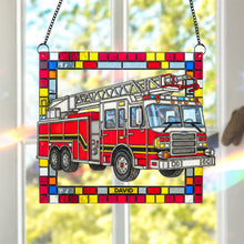 Load image into Gallery viewer, “Shine Bright with Our Stained Glass Firetruck!” - Firetruck Window Hanging Suncatcher Ornament - Personalized Gifts for Firefighters Ornament PopCulturePrints
