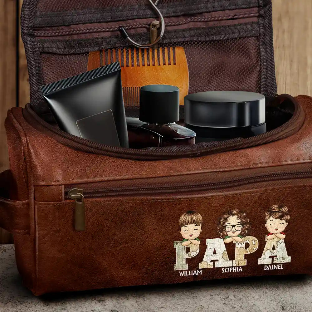 "Celebrate Love with Custom Chibi Kids Design - Personalized Leather Toiletry Bag for Dads, Grandpas & More!" Leather Toiletry Bag PopCulturePrints