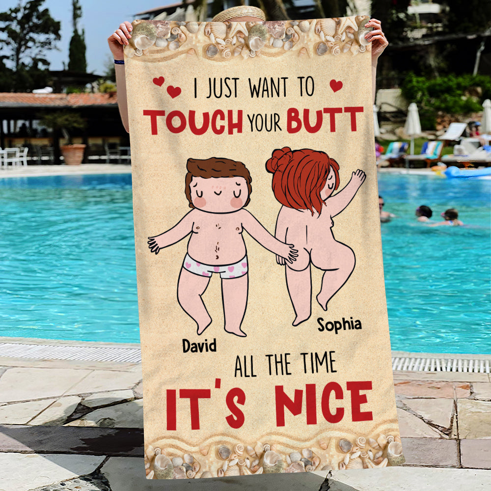 Personalized Beach Towel for Couples - Fun Touch Your Butt Design Beach Towel PopCulturePrints
