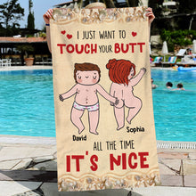 Load image into Gallery viewer, Personalized Beach Towel for Couples - Fun Touch Your Butt Design Beach Towel PopCulturePrints
