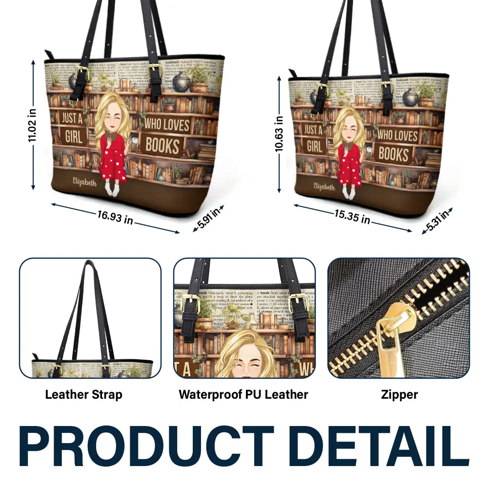 Reading Just A Girl Who Loves Books - Personalized Leather Tote Bag Leather Tote Bag PopCulturePrints