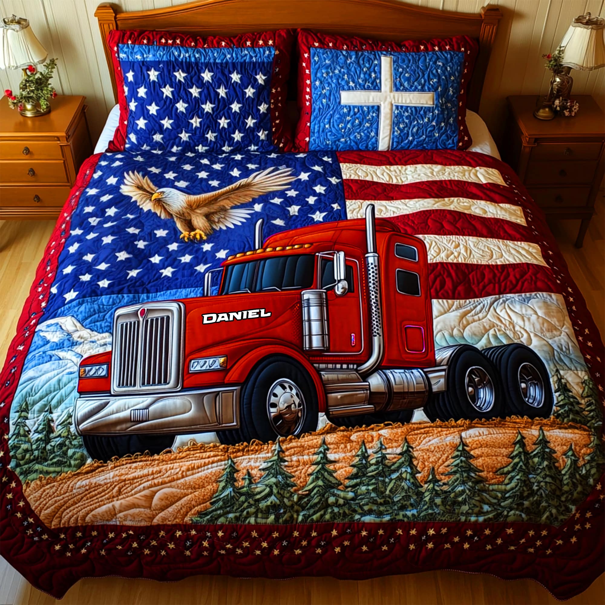 Proud to be an American Trucker – Personalized Quilt Bedding Set for Trucker Lovers Blanket PopCulturePrints