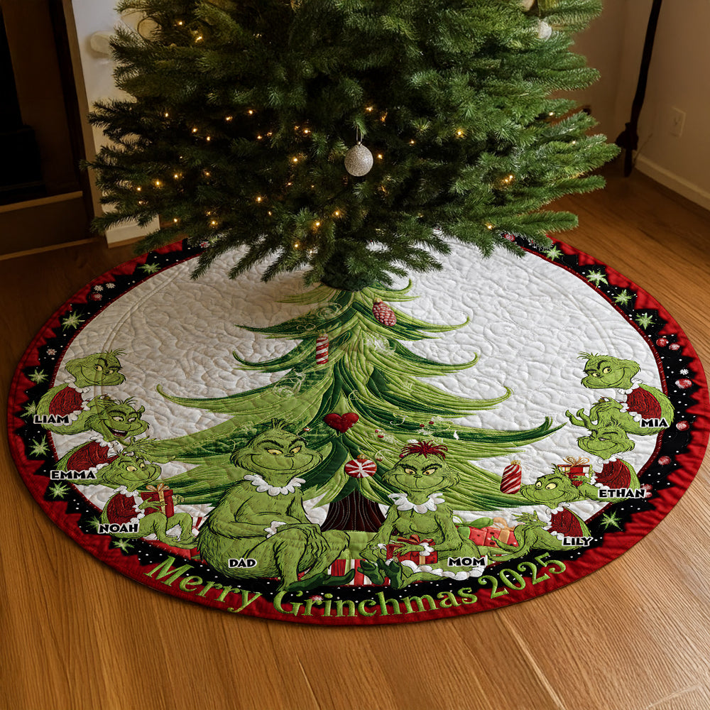 Merry Grinchmas 2025 - Personalized Funny Family Christmas Quilted Tree Skirt Tree Skirt PopCulturePrints