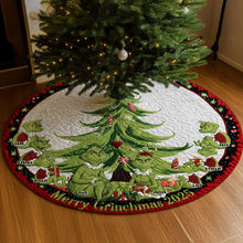 Load image into Gallery viewer, Merry Grinchmas 2025 - Personalized Funny Family Christmas Quilted Tree Skirt Tree Skirt PopCulturePrints
