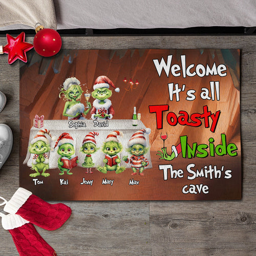 Cozy Green Monster Family Personalized Christmas Door Mat Doormat PopCulturePrints
