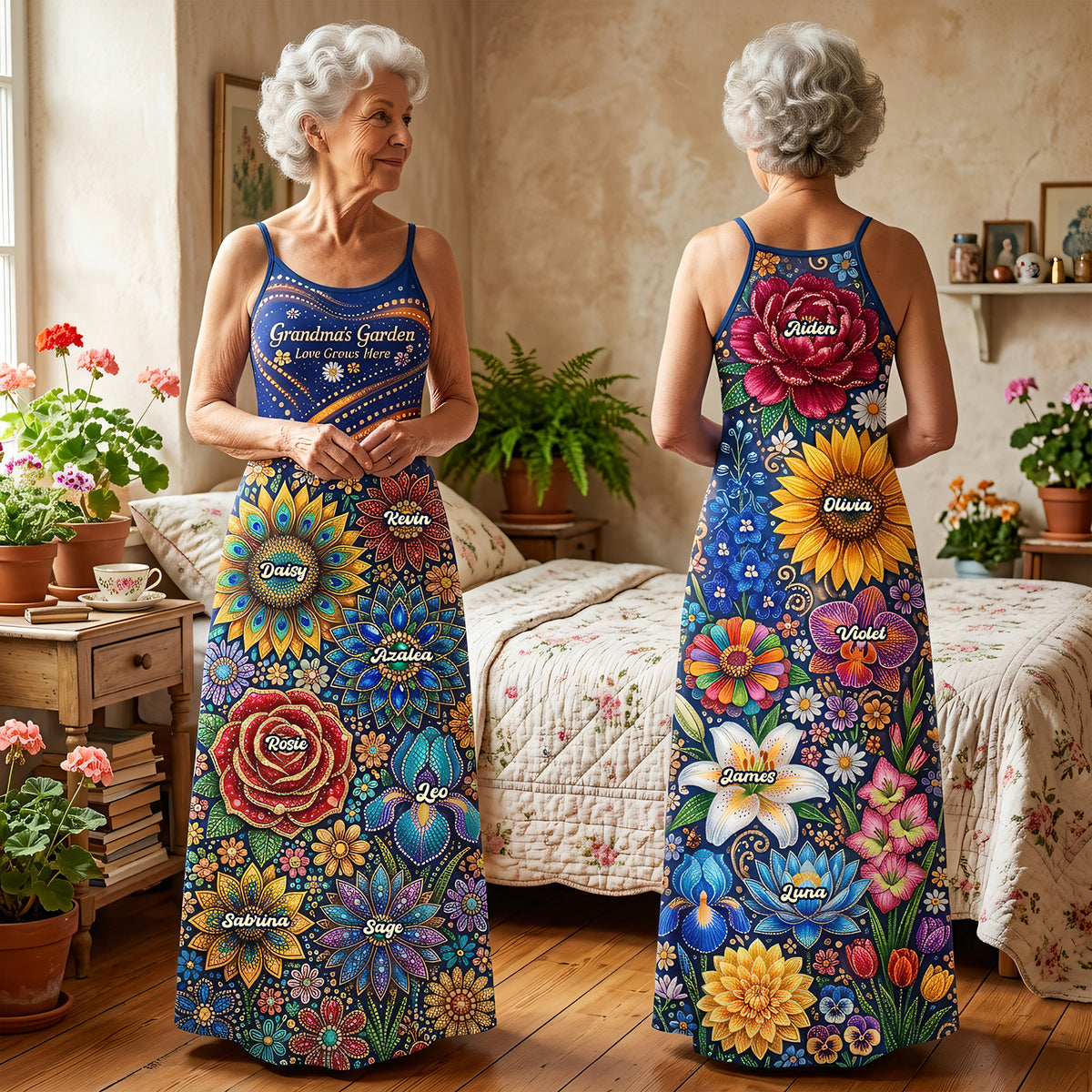 Grandma's Garden - Personalized Suspender Maxi Dress for Grandmas Dress PopCulturePrints