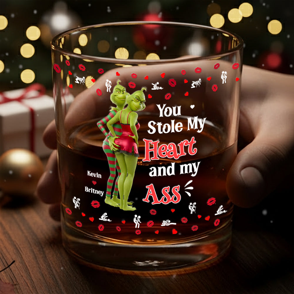 You Stole My Heart and My Ass - Personalized Cheeky Green Couple Christmas Glass Mug Whiskey Glass PopCulturePrints