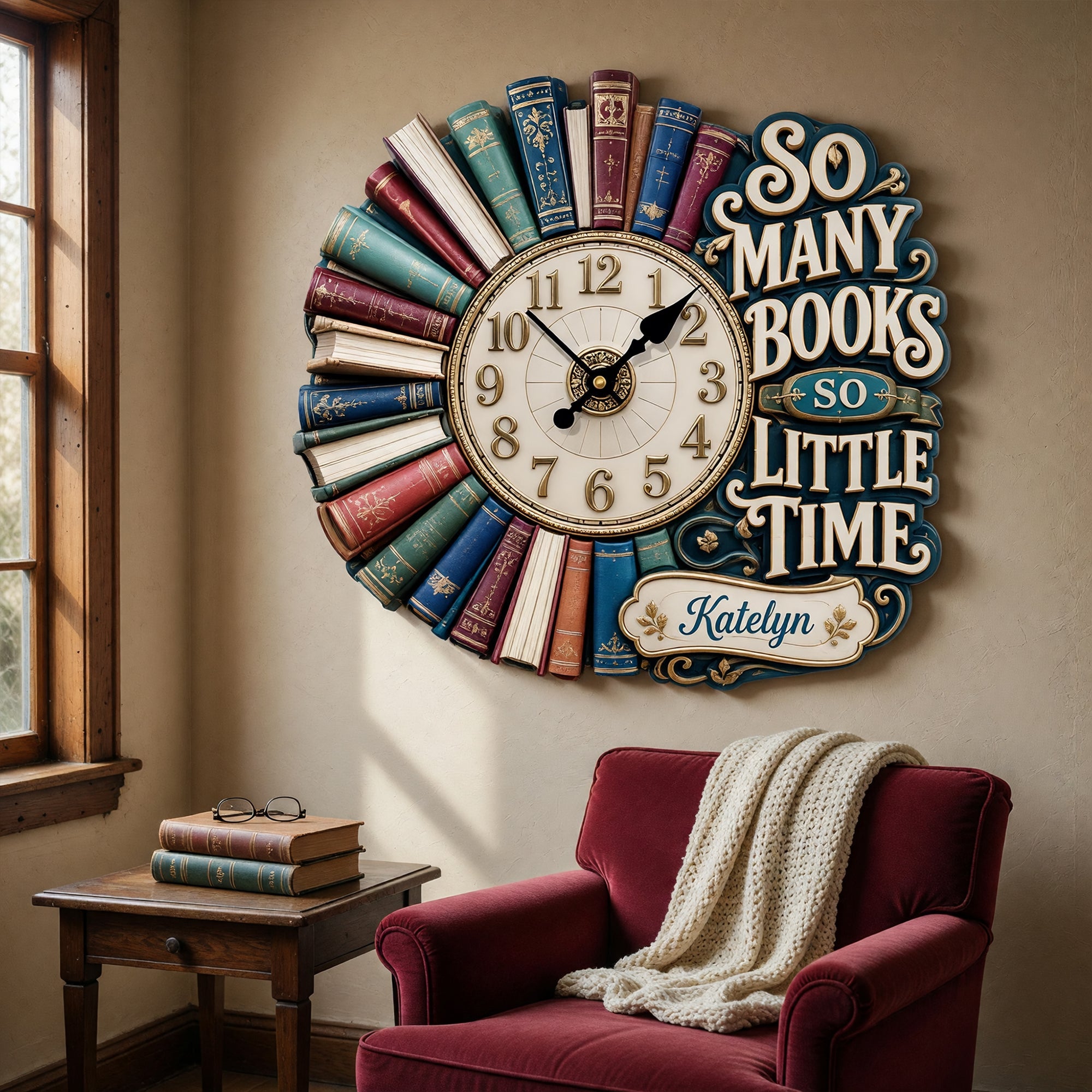 "So Many Books So Little Time" - Personalized Hanging Wall Clock for Book Lovers