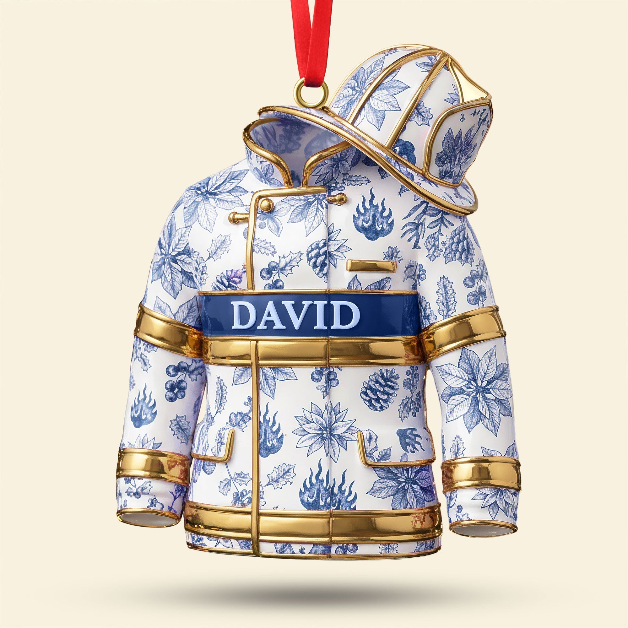 Celebrate Bravery with Our Toile de Jouy Firefighter Ornament - Personalized Gifts for Firefighters Ornament PopCulturePrints