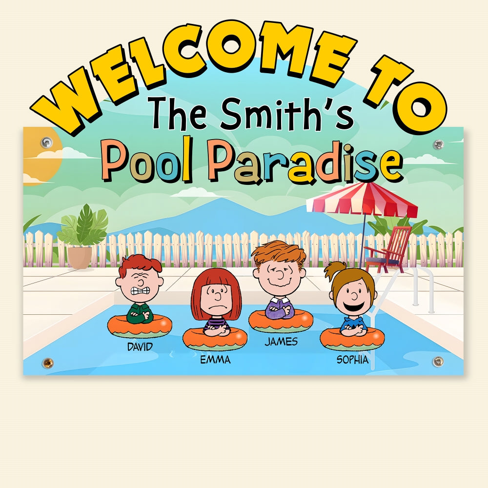 Personalized Family Pool Paradise Metal Sign - Custom Cartoon Design