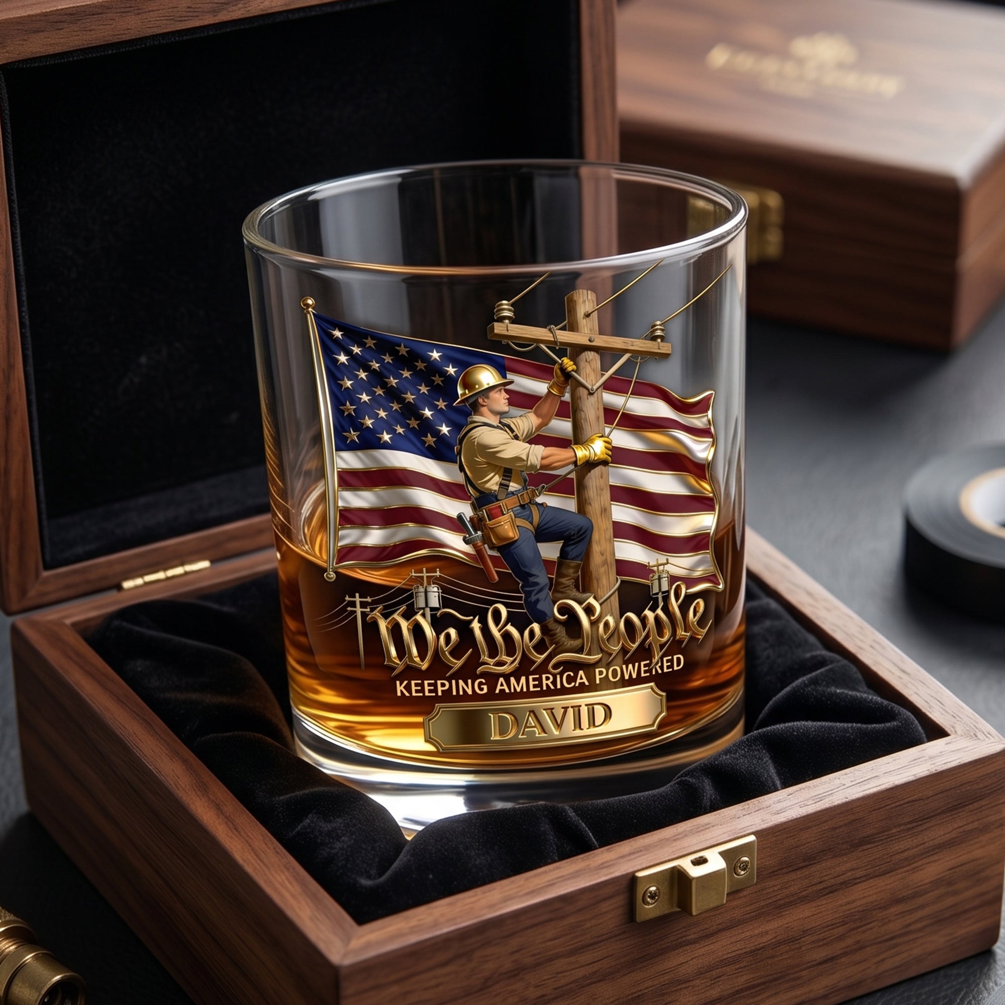 “We The People” - Keeping America Powered Whiskey Glass - Personalized Gift for Lineman Glass PopCulturePrints