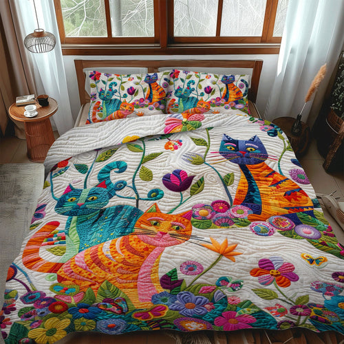 Floral Colorful Cats Quilt Bed Set | Perfect Gift for Cat Lovers Blanket PopCulturePrints