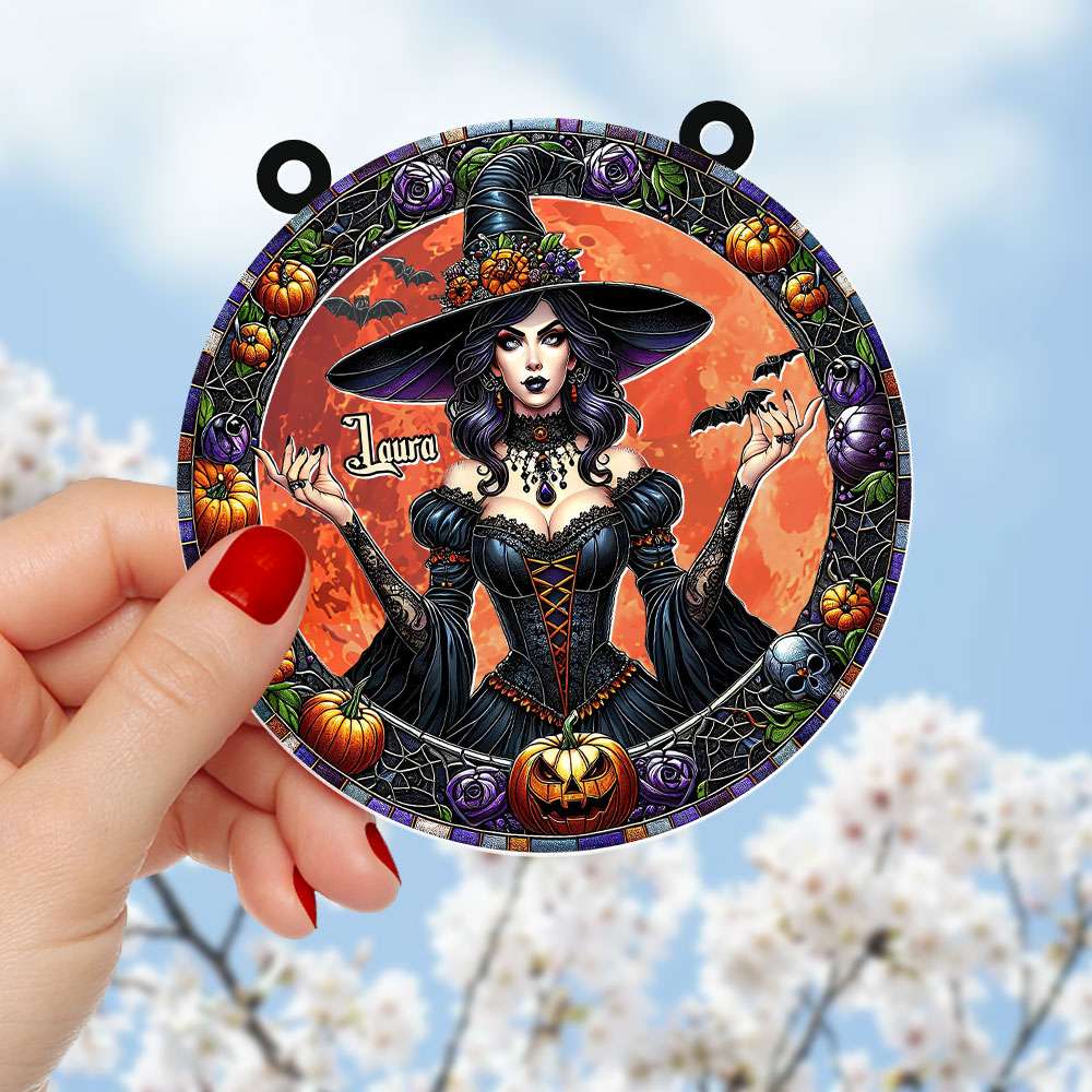 Personalized 3D Halloween Witch Sun Catcher - Round Shaped Home Decor