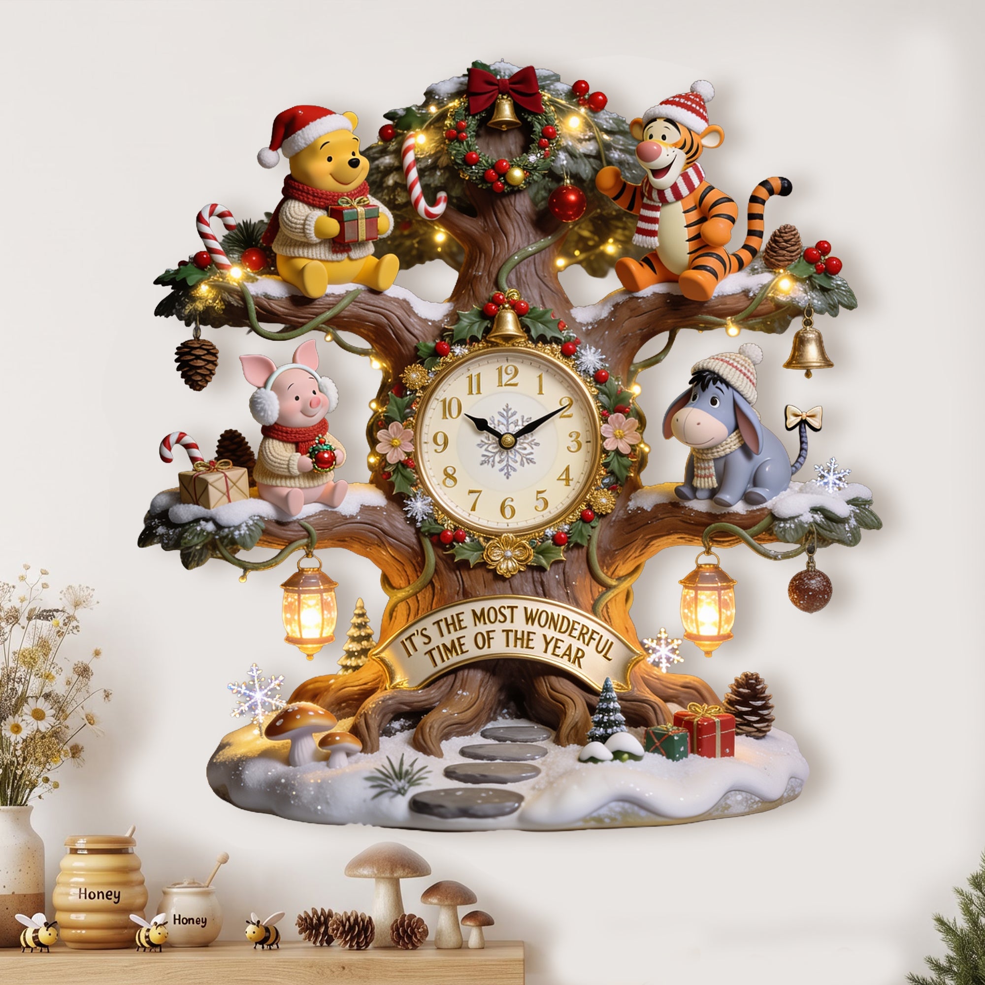 Cozy Winter Tree Acrylic Wall Clock - Personalize Your Holiday Joy