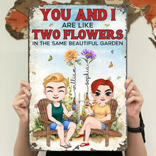 Load image into Gallery viewer, Personalized Couple Metal Sign - Two Flowers Garden Theme Metal Signs PopCulturePrints
