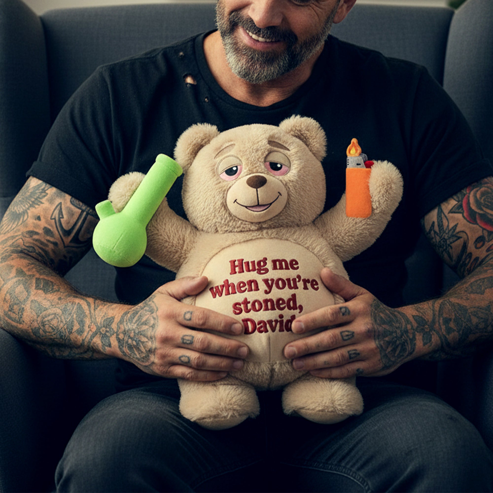 "Hug me when you're stoned, David" - Chill Vibes Teddy Bear Pillow - Personalized Gift for Stoners Pillow PopCulturePrints