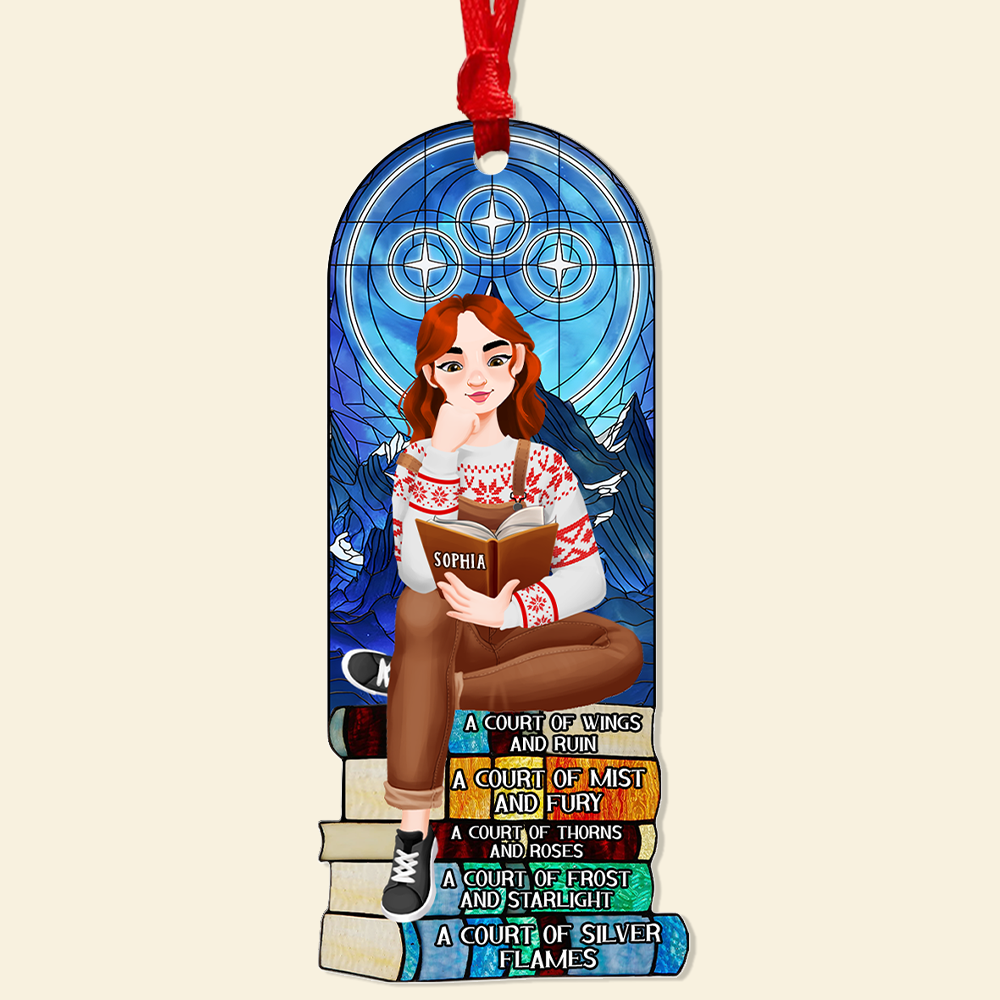Personalized Christmas Book Lover's Ornament - Girl Reading on Book Stack Ornament PopCulturePrints