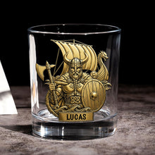 Load image into Gallery viewer, “True Warriors: Drink Like a Viking” - Personalized Whiskey Glass for Your Bold Spirits Whiskey Glass PopCulturePrints
