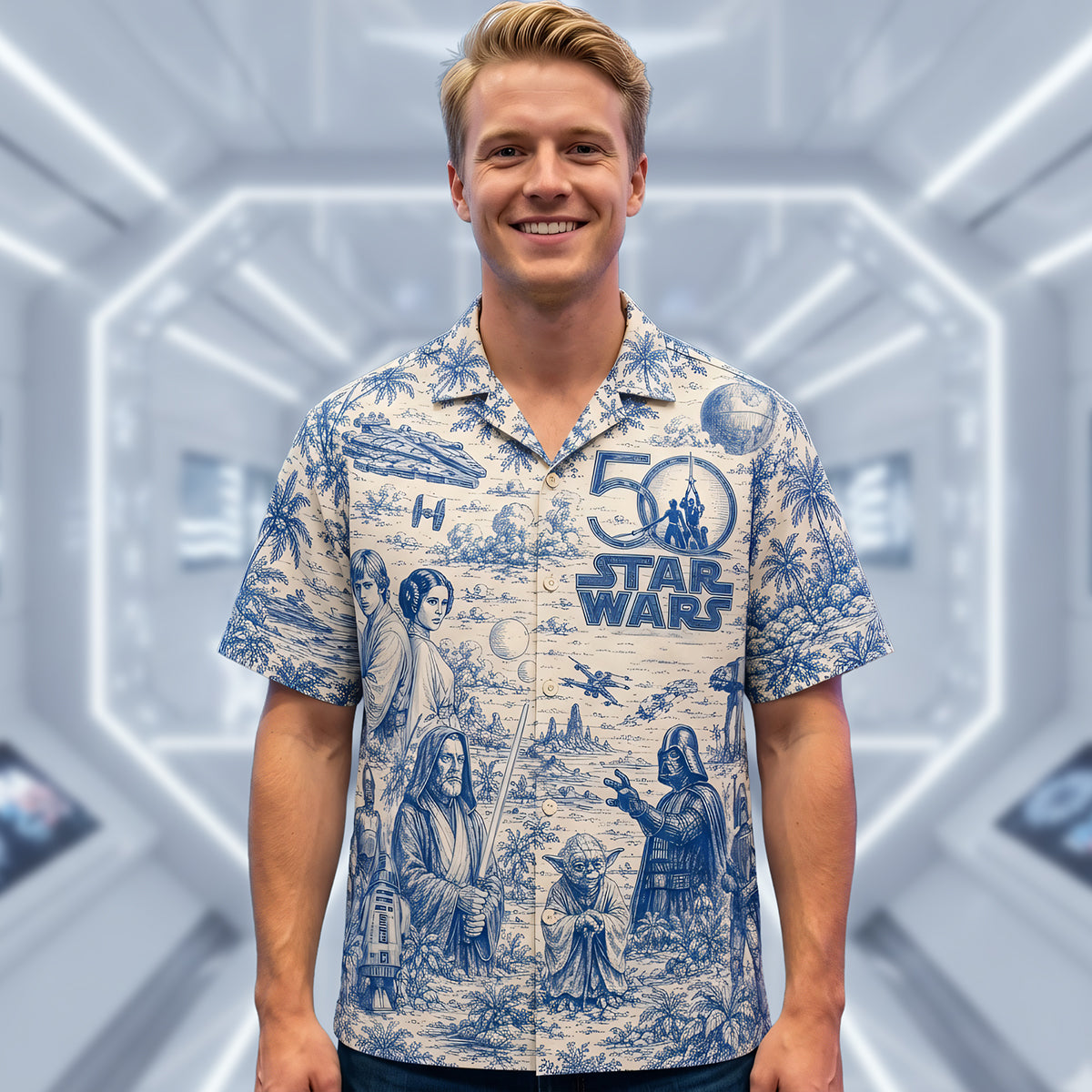 "Celebrate the Force in Style!" - Warriors 50th Anniversary Toile De Jouy Hawaiian Shirt - Personalized Gifts for Star Wars Fans