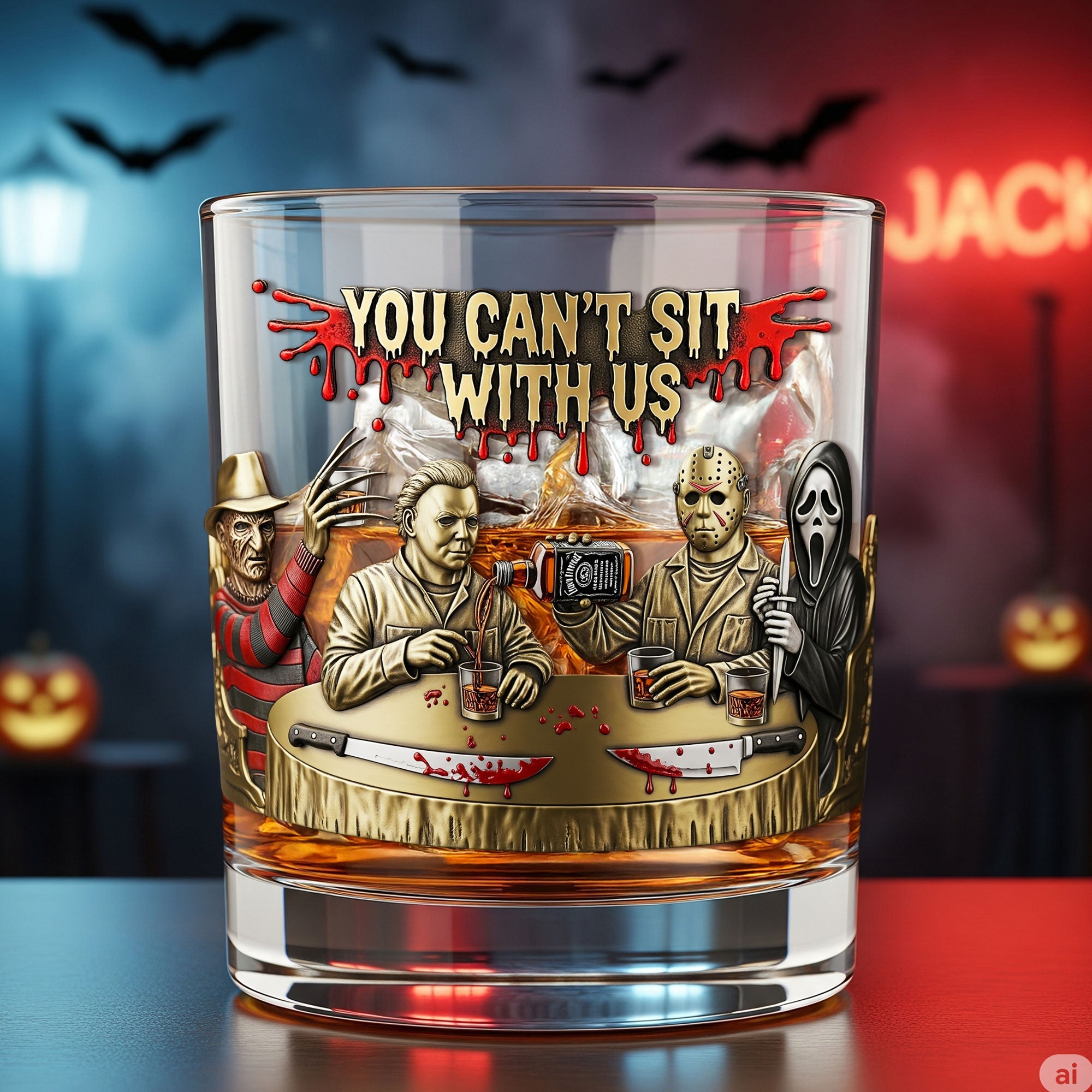 You Can't Sit With Us - Horror Bar Whiskey Glass - Custom Personalized Gift for Horror Movie Fans Whiskey Glass PopCulturePrints