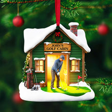Load image into Gallery viewer, “Tee Off into Joy!” - Custom Golf Cabin Christmas Ornament - Personalized Gift for Golf Lovers Ornament PopCulturePrints
