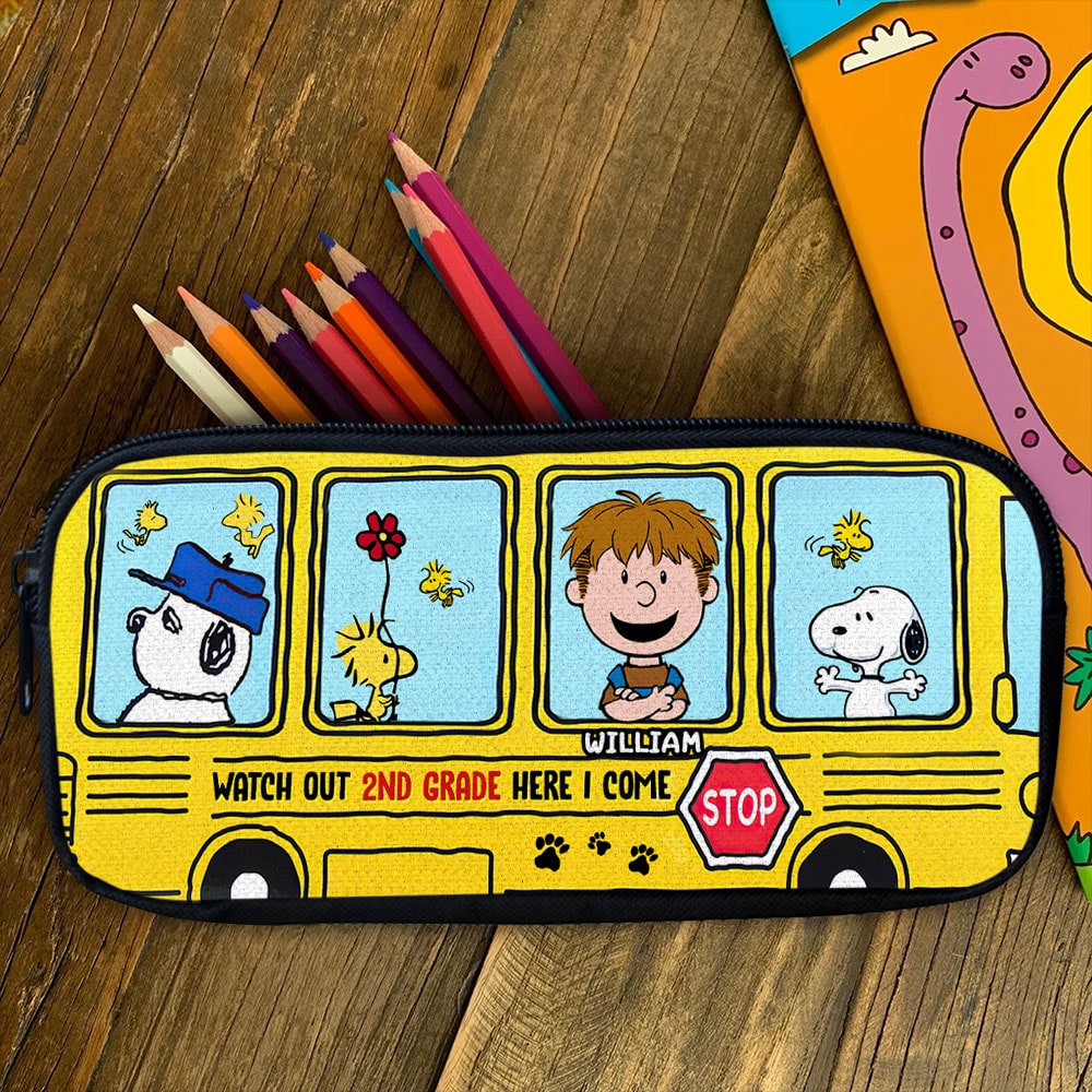 Personalized Peanuts School Bus Pencil Case - Watch Out 2nd Grade